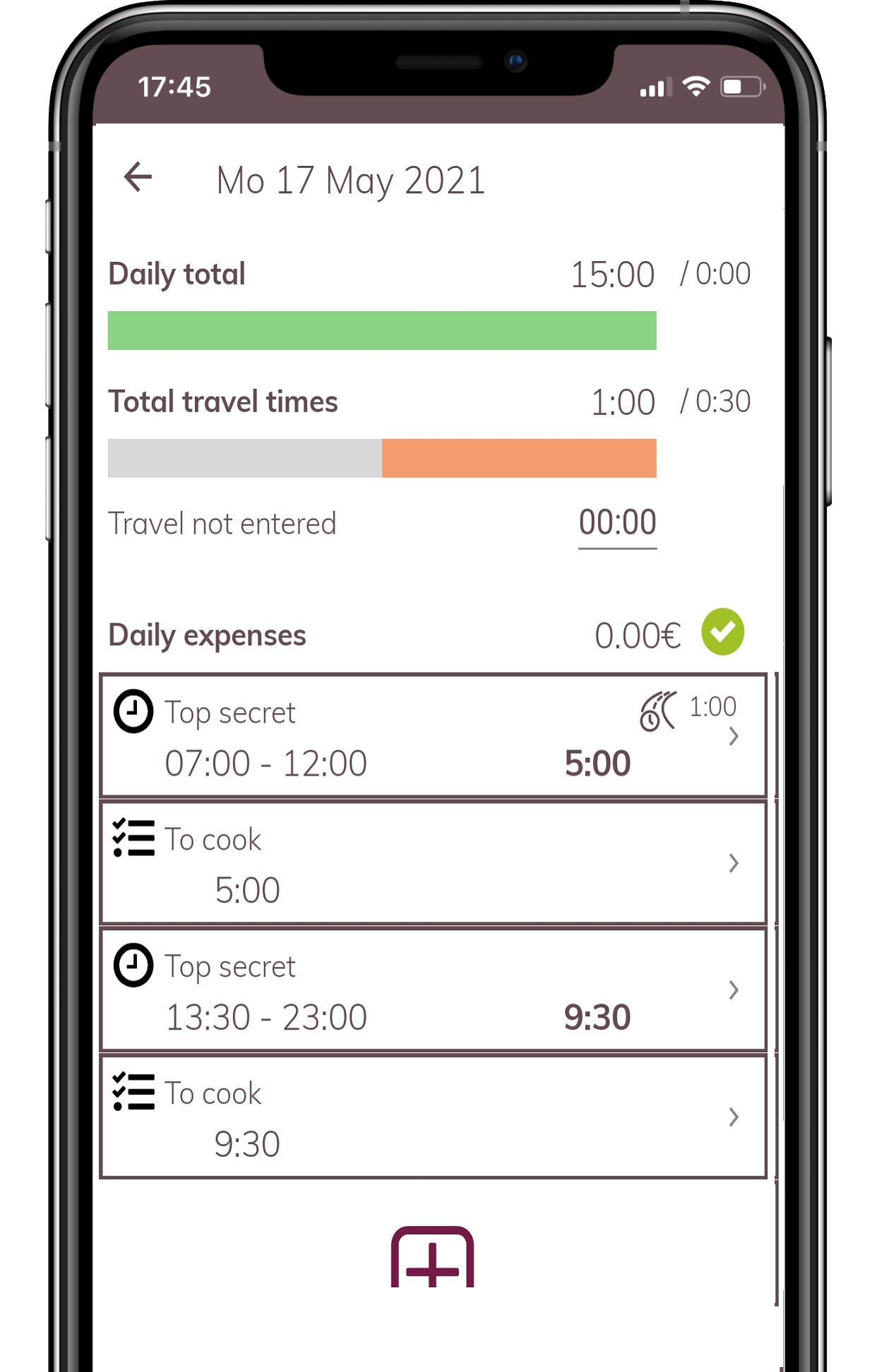 example working hours entered